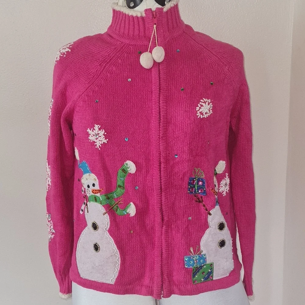 Christmas Ugly Pink Snowman Embellished Sweater Medium - Picture 7 of 14